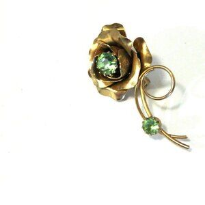Vintage Rose Brooch With Green Rhinestones 3"